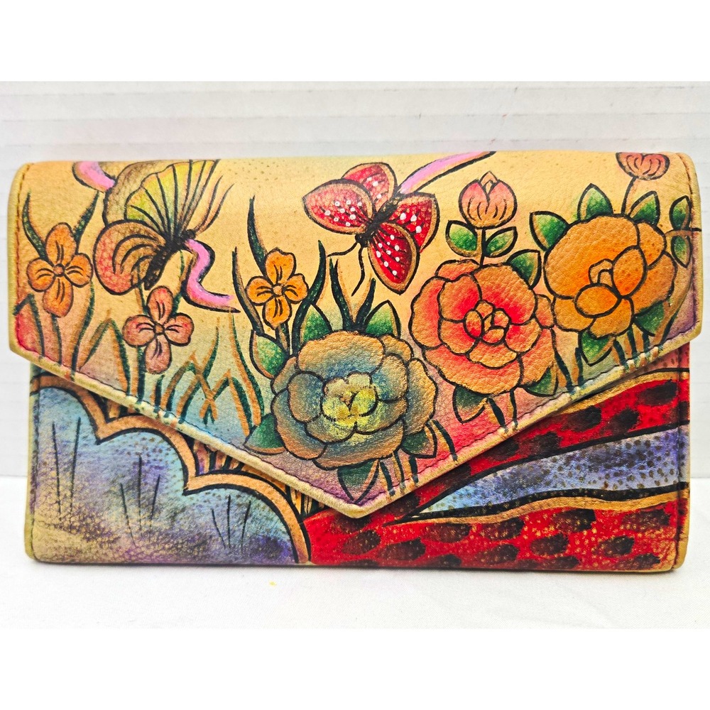 Anuschka Hand-Painted Genuine Leather Trifold Wallet Clutch- Butterfly & Floral